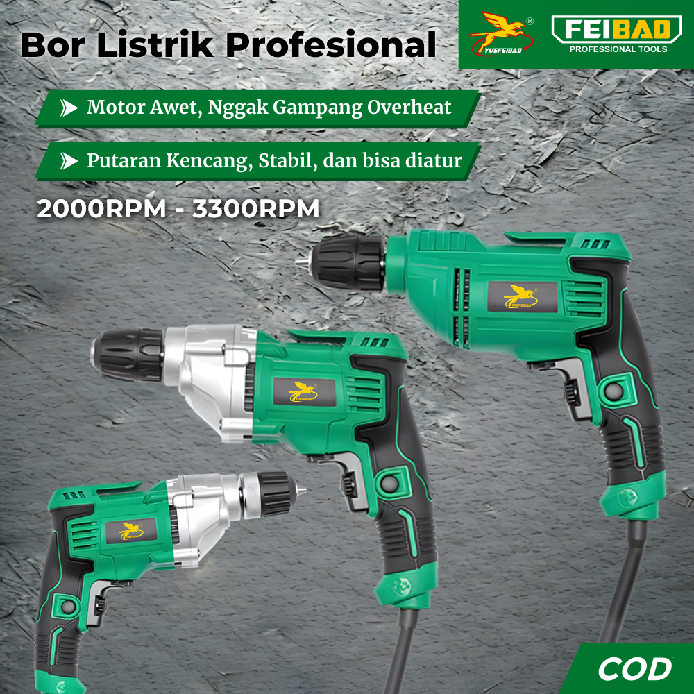 FEIBAO Mesin Bor Listrik 3300RPM – Torsi Tinggi, Daya Besar, Bor Tembok Kayu Besi, Cepat & Efisien