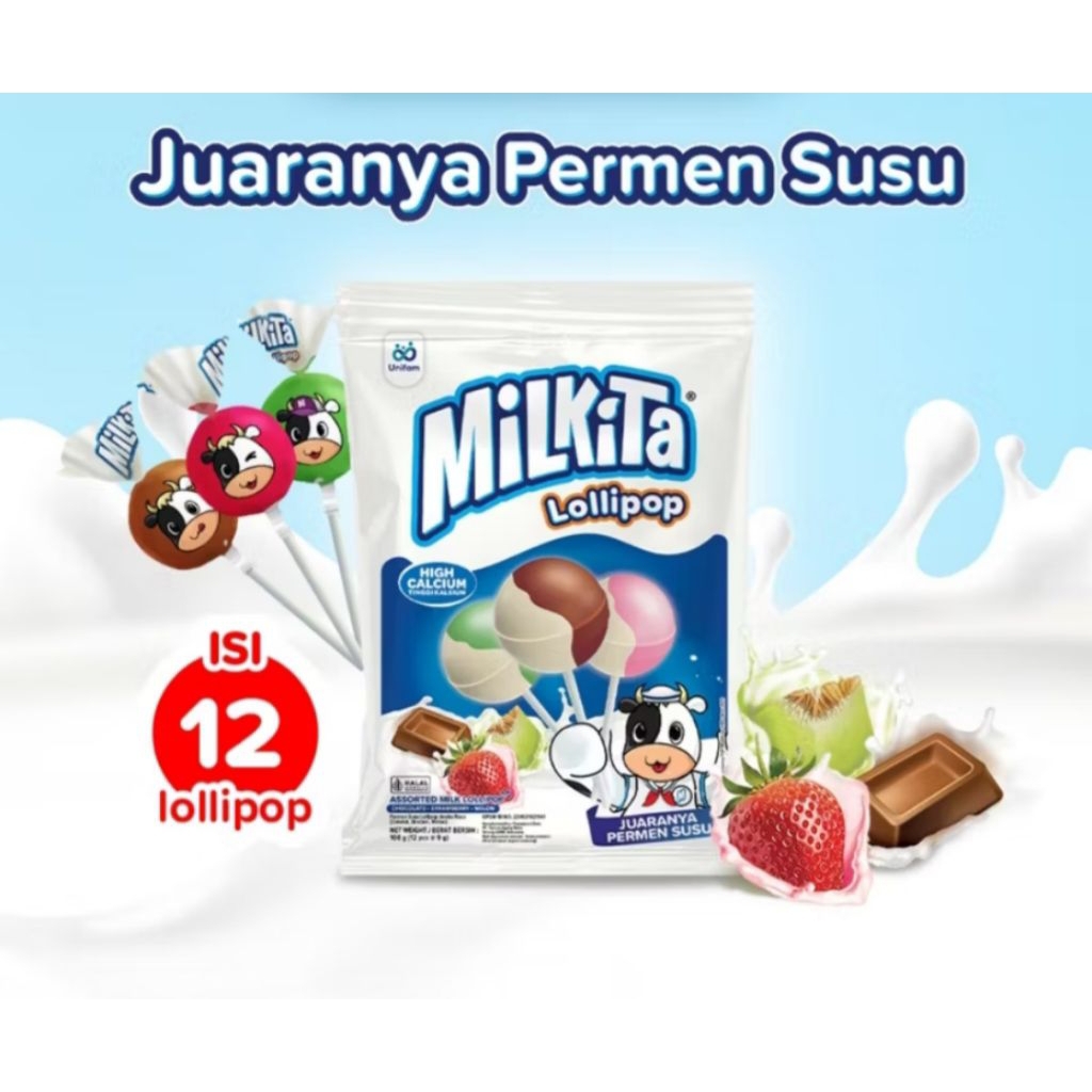 

Milkita Lollipop Assorted Bag 108gr (ISI: 12pcs x @9gr) Permen Susu / Lollipop Susu Milkita / Permen Rasa Susu / Permen Susu Aneka Rasa / Milk Lolipop / Milkita Permen Lolipop / Permen Gagang Susu / Permen Susu Premium / Hampers Anak / Snack Ultah Anak