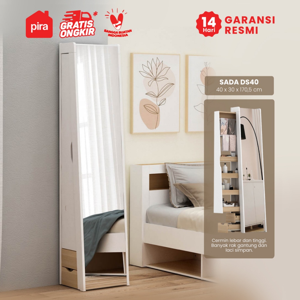 Pira - Sada DS40 Cermin Berdiri Full Body dengan Laci dan Rak Jilbab / Rak Pakaian