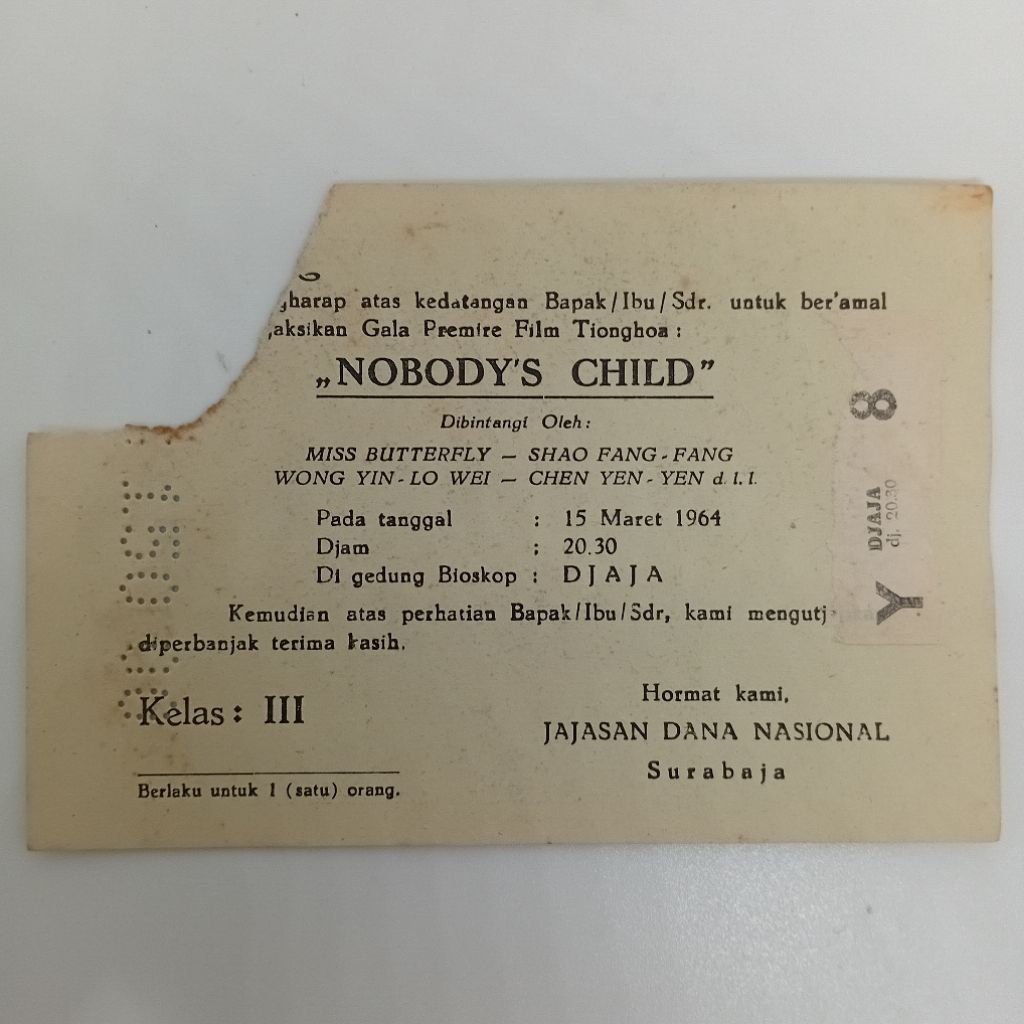 Koleksi Tiket Bioskop Lama 1964 Gala Primiere Flm "Nobody's Child"