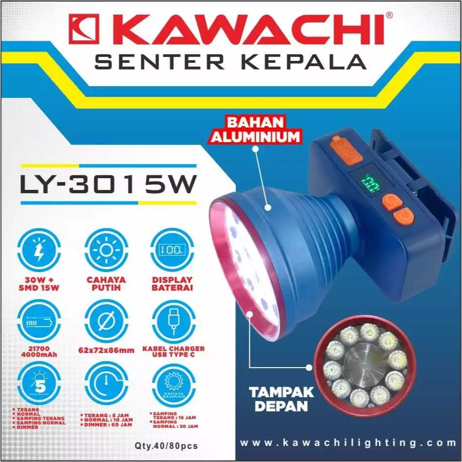 senter kepala Kawachi Lampu Senter Kepala LY-3015W/aluminium cahaya Terang putih