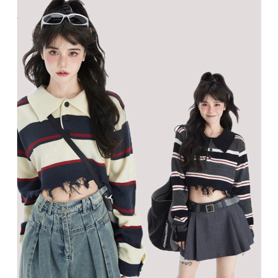 Sweater Rajut Polo Stripe Retro Korea