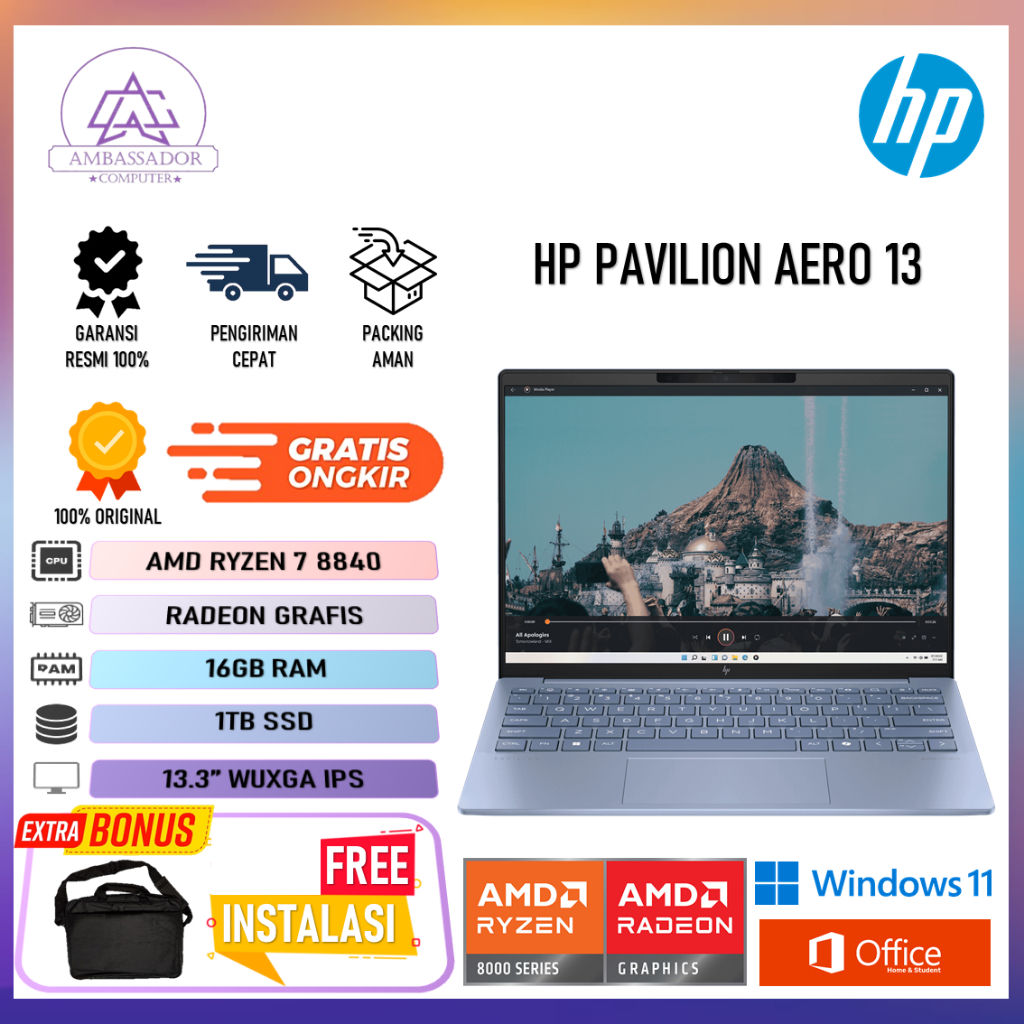 Hp Pavilion Aero 13 Amd Ryzen 7 8840 Ram 16Gb Ssd 1Tb Layar 13.3" Wuxga Ips