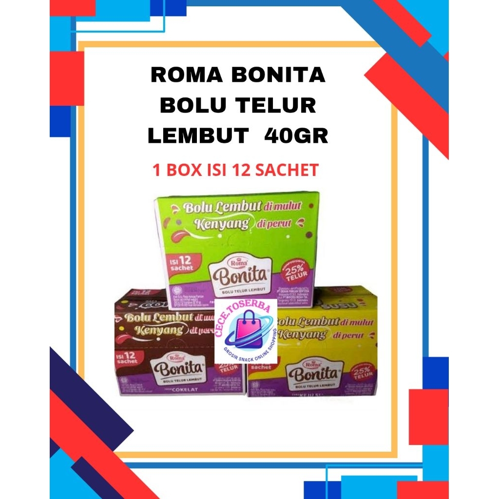 

BONITA ROTI BOLU TELUR LEMBUT RASA COKLAT/ PANDAN / KEJU 1 BOX ISI 12 PCS