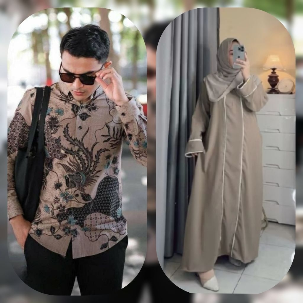 Couple Set Pasangan Muslim Renada Crinkle Airflow Ukuran M L XL. Gamis Abaya Hameeda Couple Kemeja B