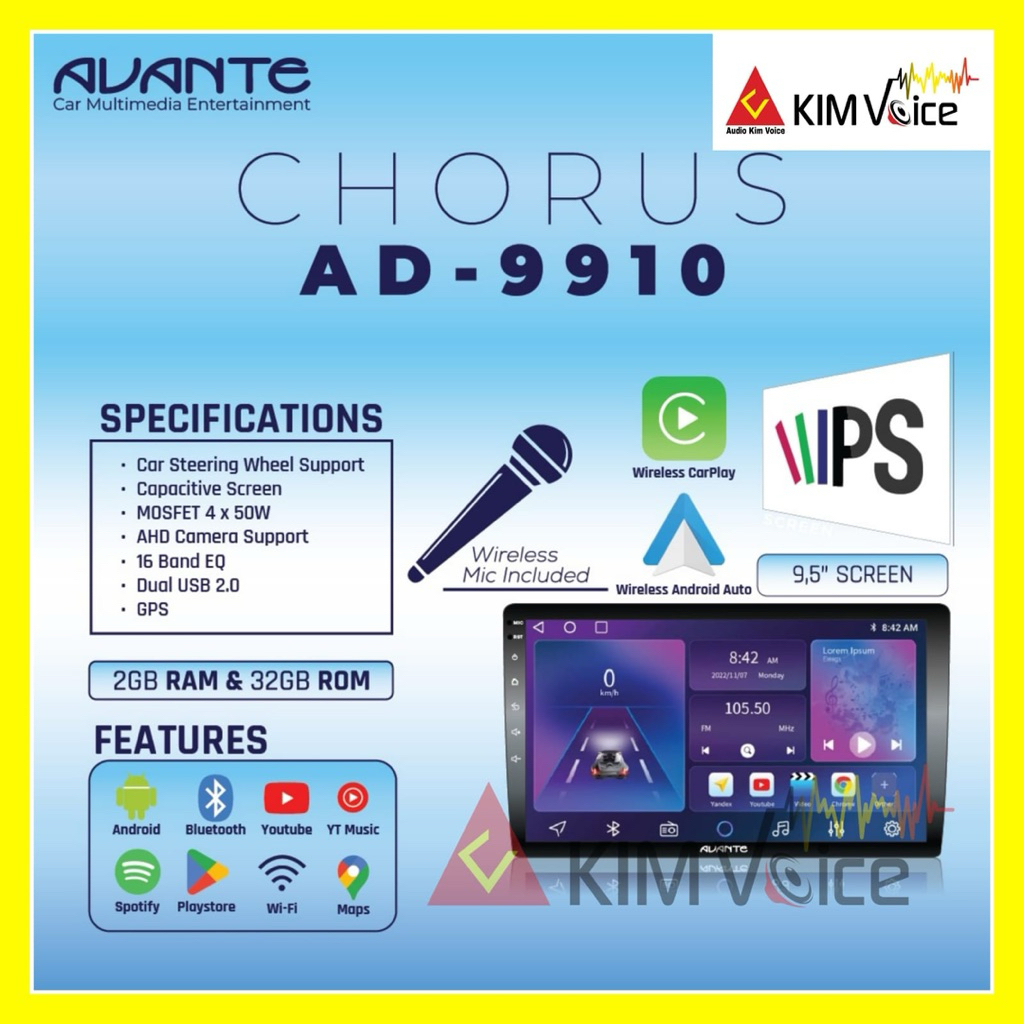 Head unit Android Avante AD-9910 with Mic Karaoke Mobil