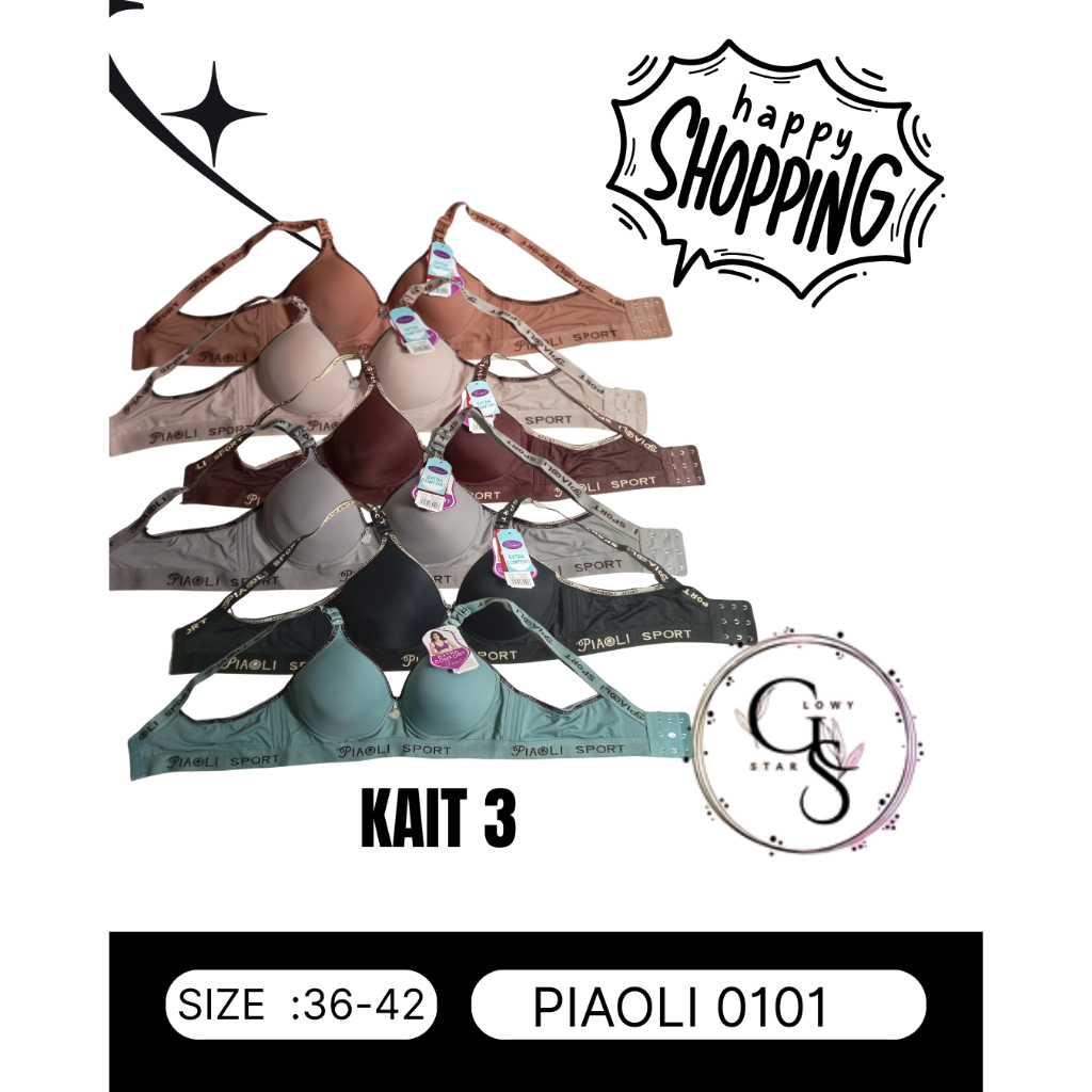 BH Piaoli Karet Sport | BRA Wanita Kait 3 | Tanpa Kawat | Sport Bra | Busa Penyangga | Best Seller