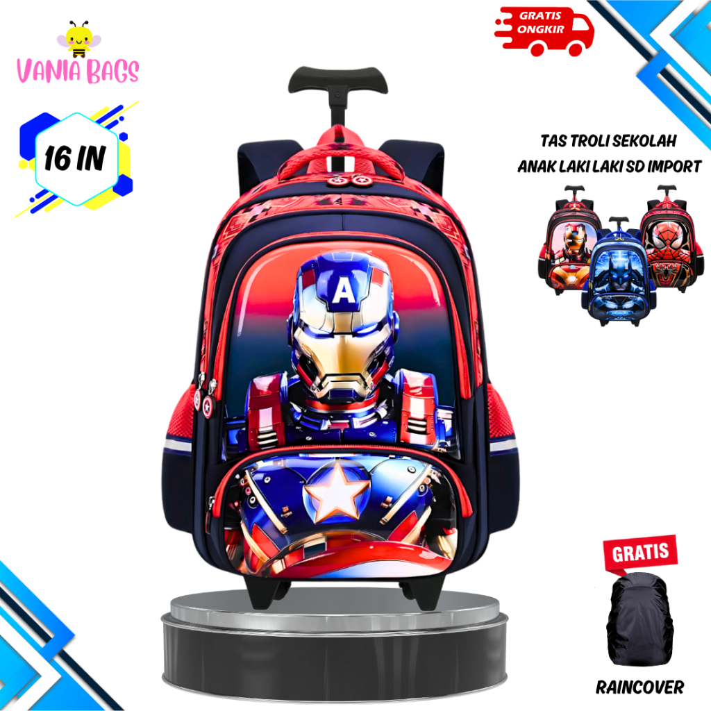 tas koper troli anak laki laki sekolah sd gambar spiderman timbul glosy waterproof