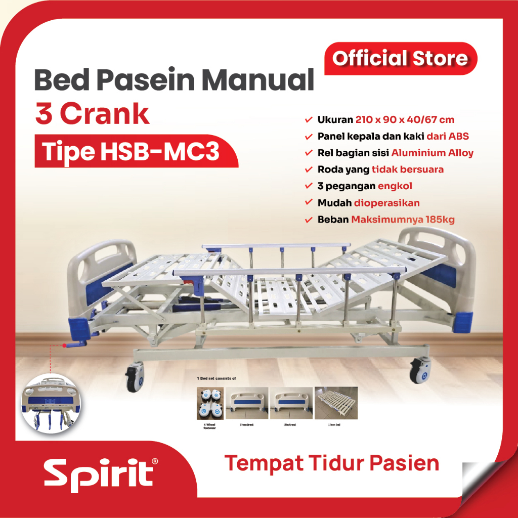 Spirit - Medical Hospital Bed 3 Crank HSB-MC3 l Bed Pasien Manual 3 crank
