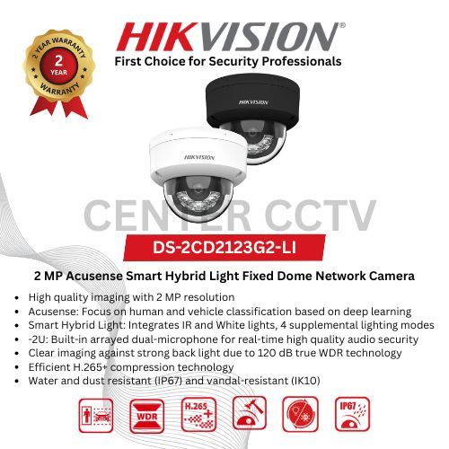 DS-2CD2123G2-LI - HIKVISION IP 2MP ACUSENSE SMART HYBRID LIGHT DOME CAMERA White Cctv Wifi Lens
