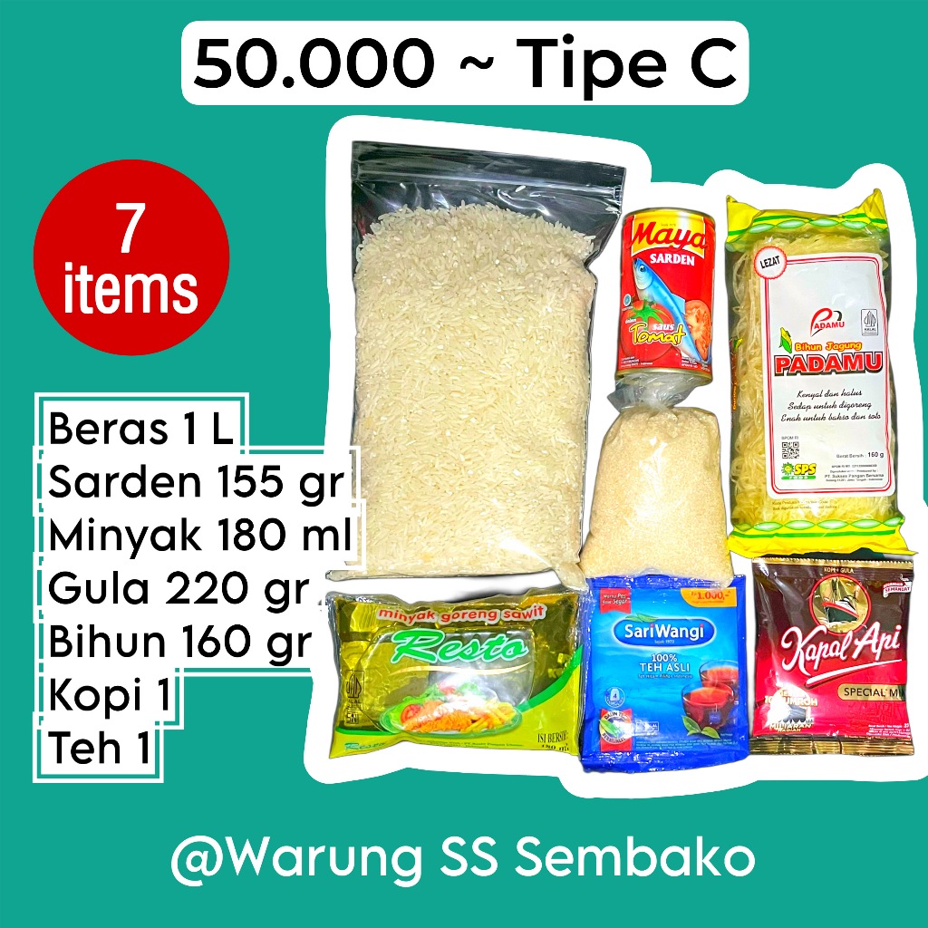 

Paket Sembako 50ribu Tipe C - Beras Sarden Gula Pasir Minyak Goreng Bihun Teh Kopi Lengkap Komplit Hemat Praktis