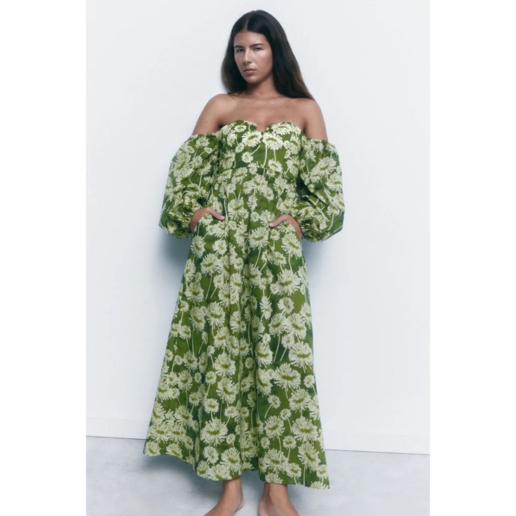ZARA Green Floral Print Off Shoulder Balloon Sleeve Maxi Dress