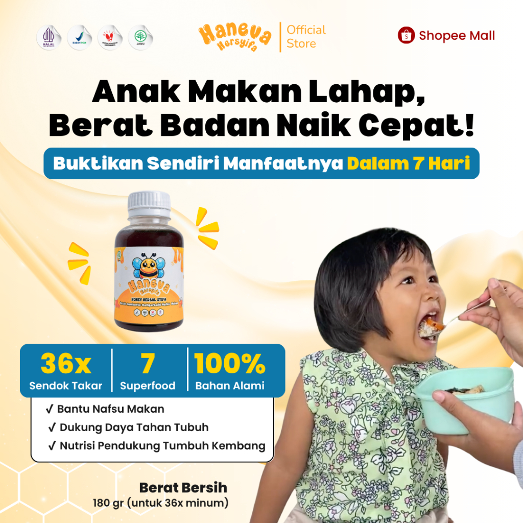 

HANEVA HERSYIFA - Madu Anak Penambah Nafsu Makan - 2 Thn Keatas | BPOM dan Halal MUI 180 Gram 1 pcs