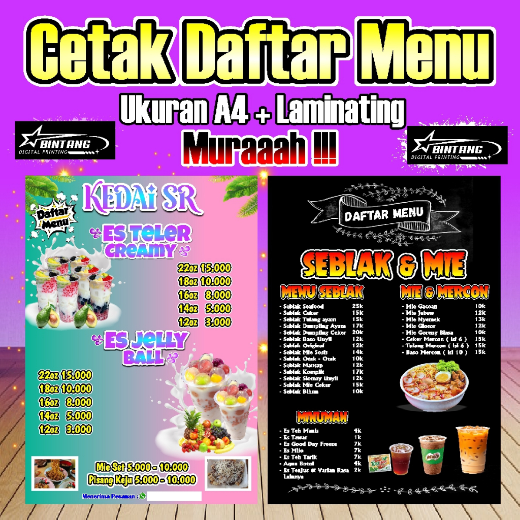 

Cetak Daftar Menu Ukuran A4 + Sudah di Laminating