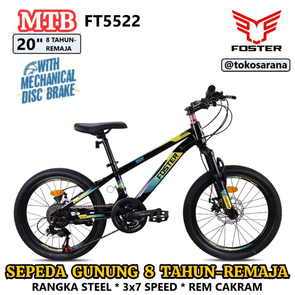 Sepeda Gunung Foster FT5522 MTB 20" Rangka Steel 3x7 Speed Rem Cakram Anak 8 Tahun-Remaja Junior Mou