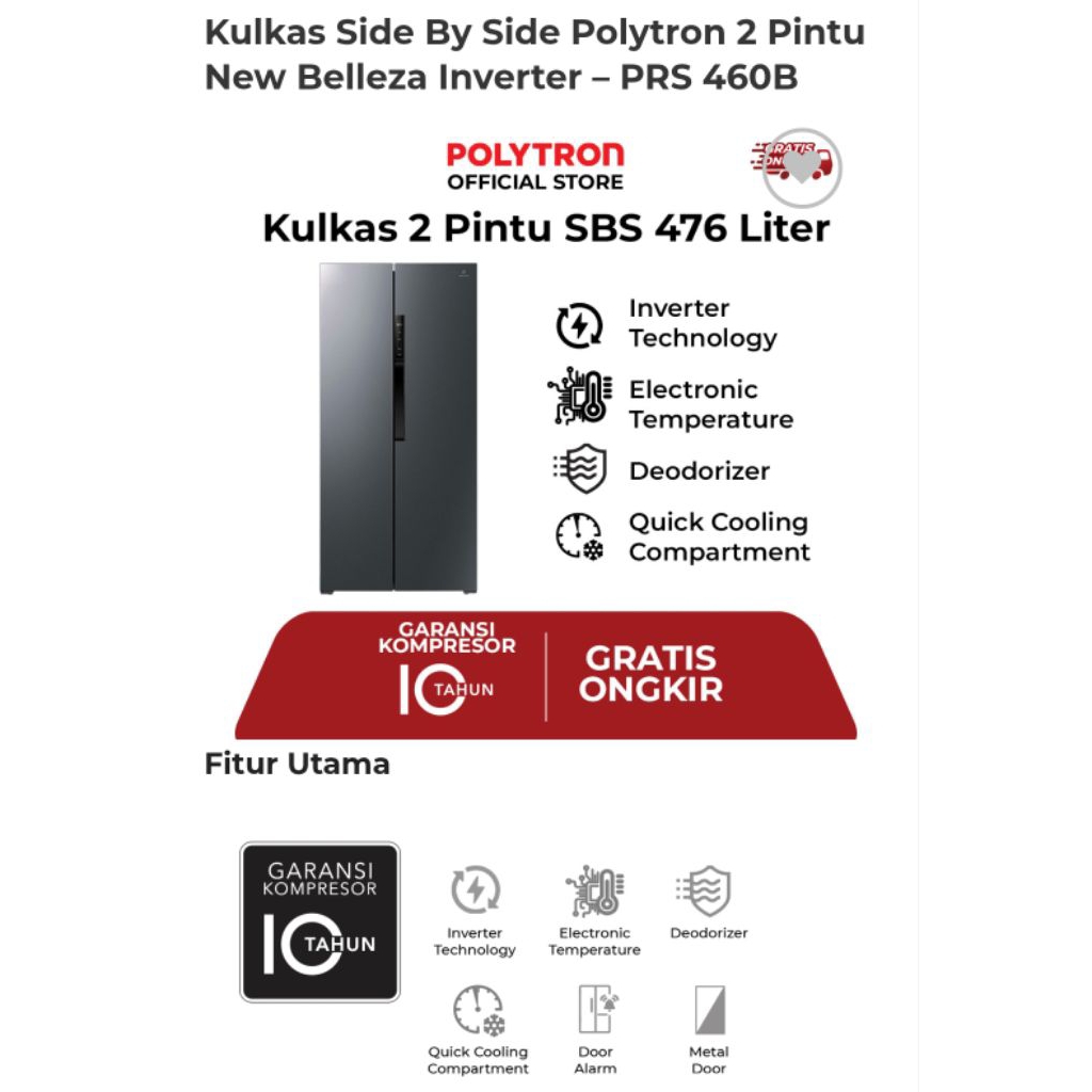 Polytron prs-460 kulkas side by side belleza lemari es inverter technology deodorizer door alarm qui
