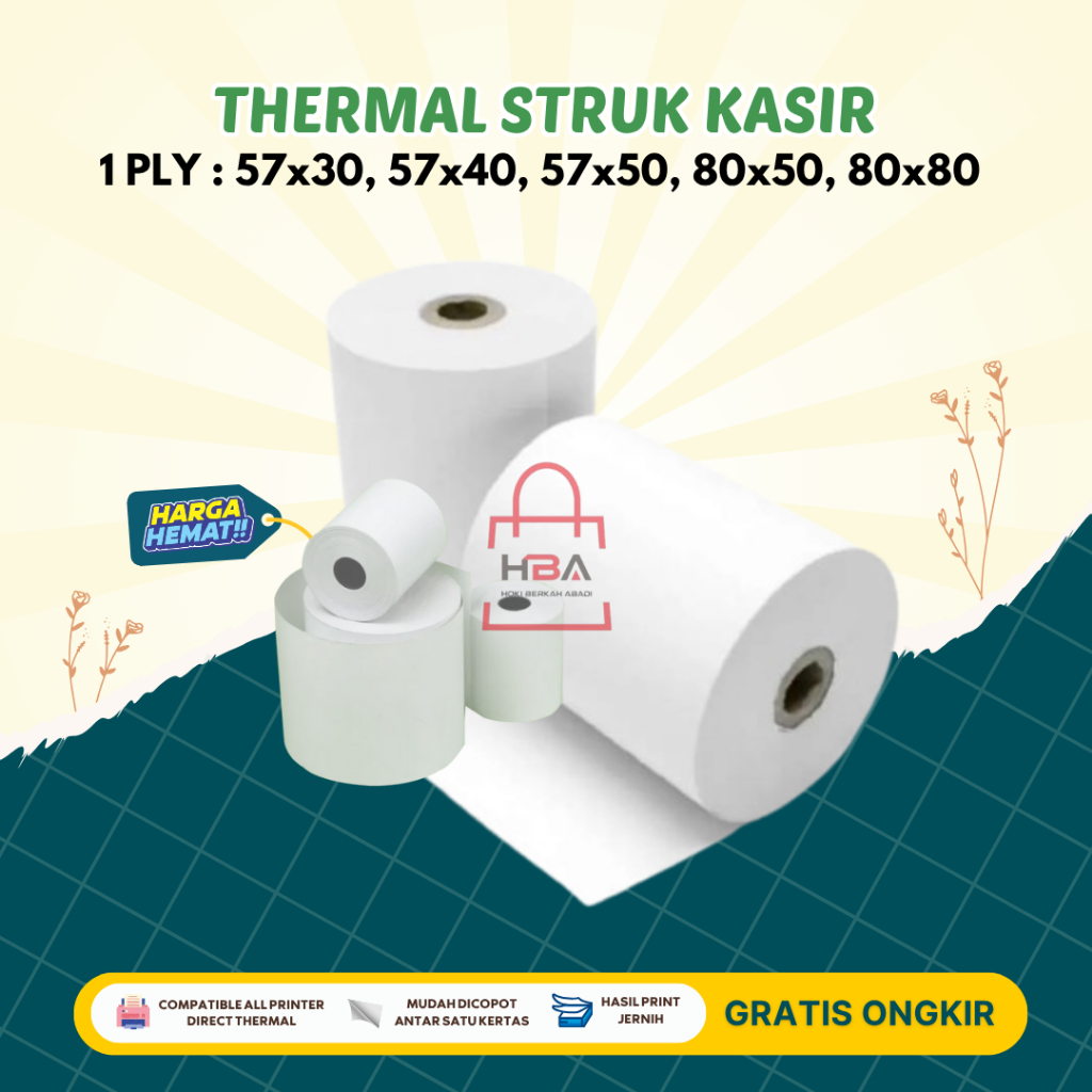 

Kertas Thermal STRUK Toko Nota Kasir 1 PLY 57X30 ⁠57X50 80X50 ⁠80X80 HVS Cetak Bon Printer Resi Paket Usaha Online Shop