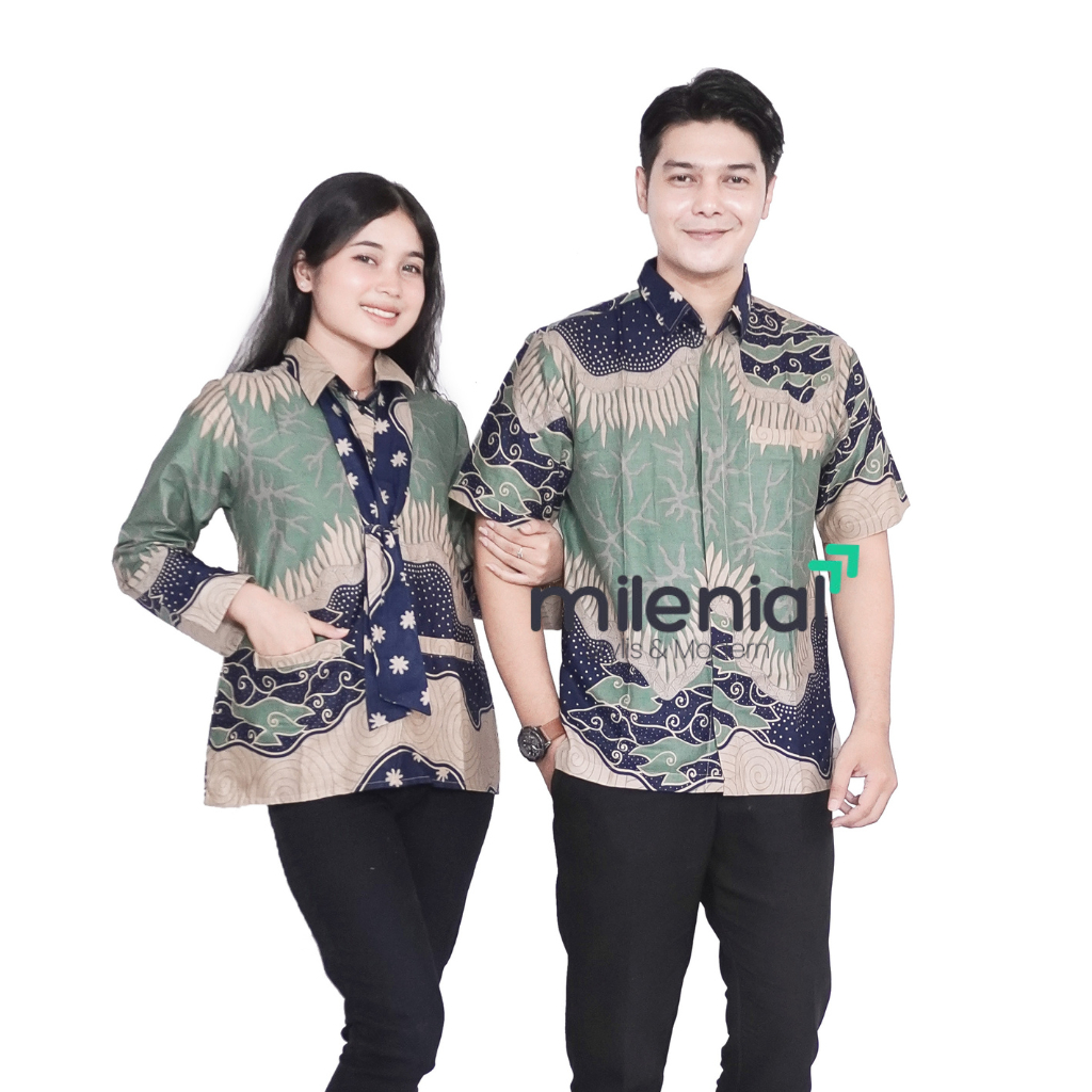 Milenial Batik Couple Atasan Batik Wanita Batik Pria Kemeja Blouse DASI HIJAU
