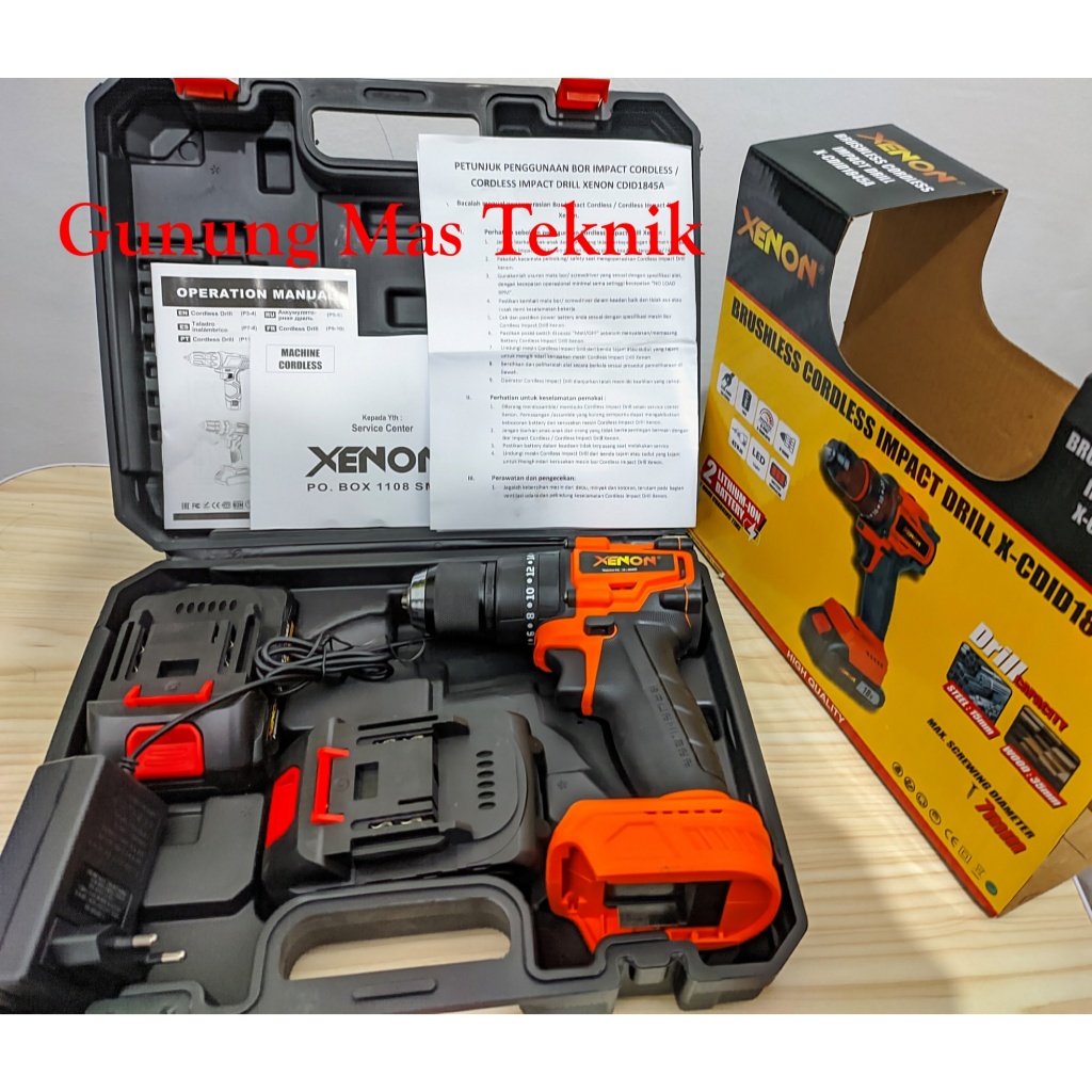 Bor Cordless Brushless Xenon X-CDID1845A 18V – Mesin Bor Kayu dan Beton Tanpa Kabel plus 2 Baterai