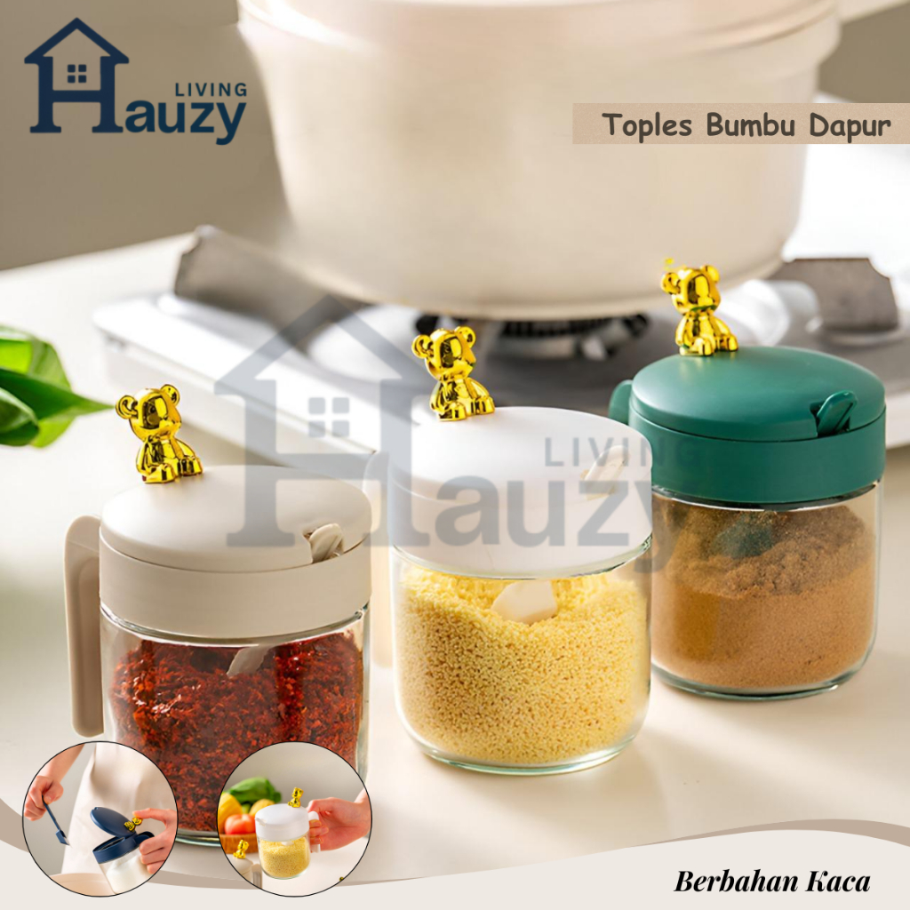 Hauzy - Toples Tempat Bumbu Dapur Lucu Tutup Boneka Emas + Sendok | Wadah Bumbu Estetik Kaca