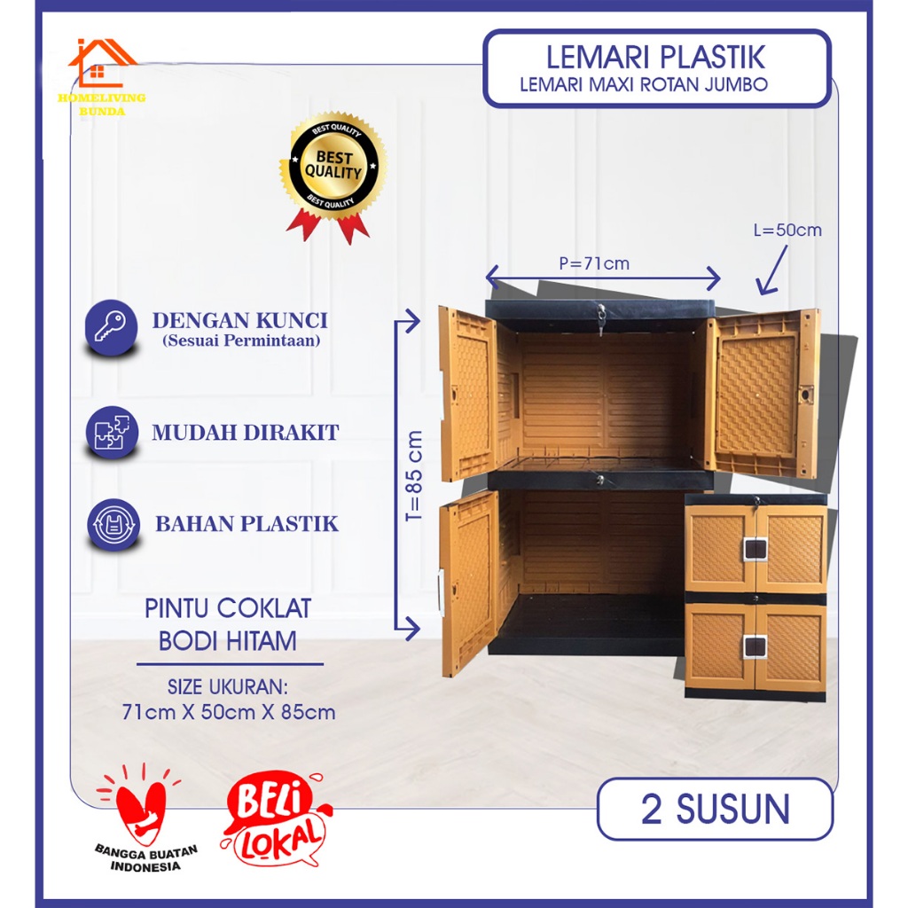 Lemari Plastik / Lemari Pakaian Plastik Portable Motif Timbul Rotan Dengan Kunci Bodi Coklat