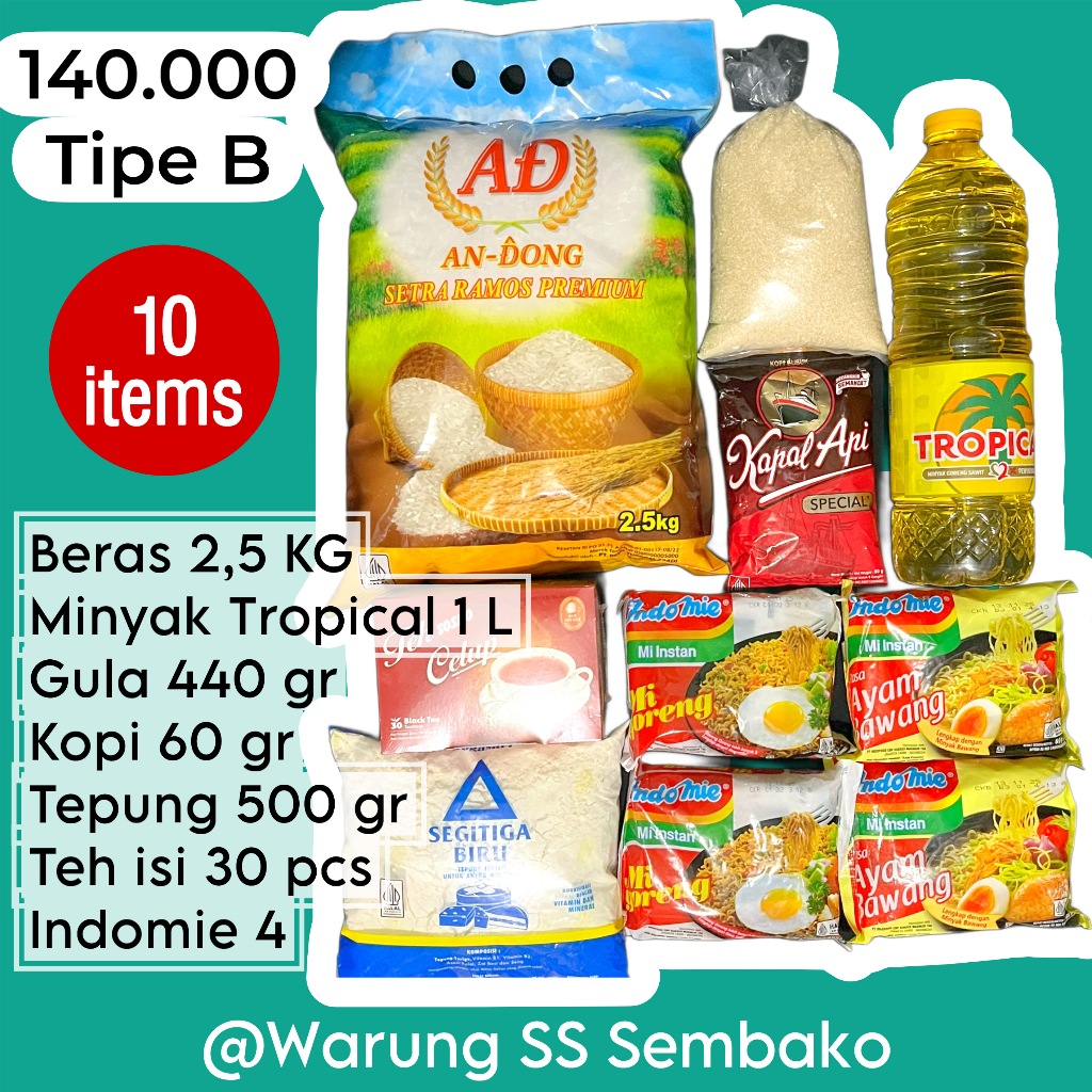 

Paket Sembako 140ribu Tipe B - Beras 2,5 KG Minyak Goreng Tropical 1 Liter Gula Pasir Kopi Teh Tepung Indomie Lengkap Komplit Murah Terjangkau