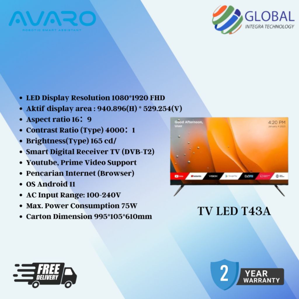 AVARO Smart LED TV 43" FHD T43A FHD Android