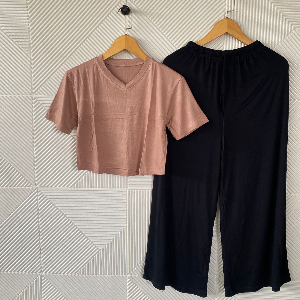 Setelan Celana Panjang Wanita/Set Polos Crop V-neck lengan Pendek/One Set Crop Wanita Spandek rayon