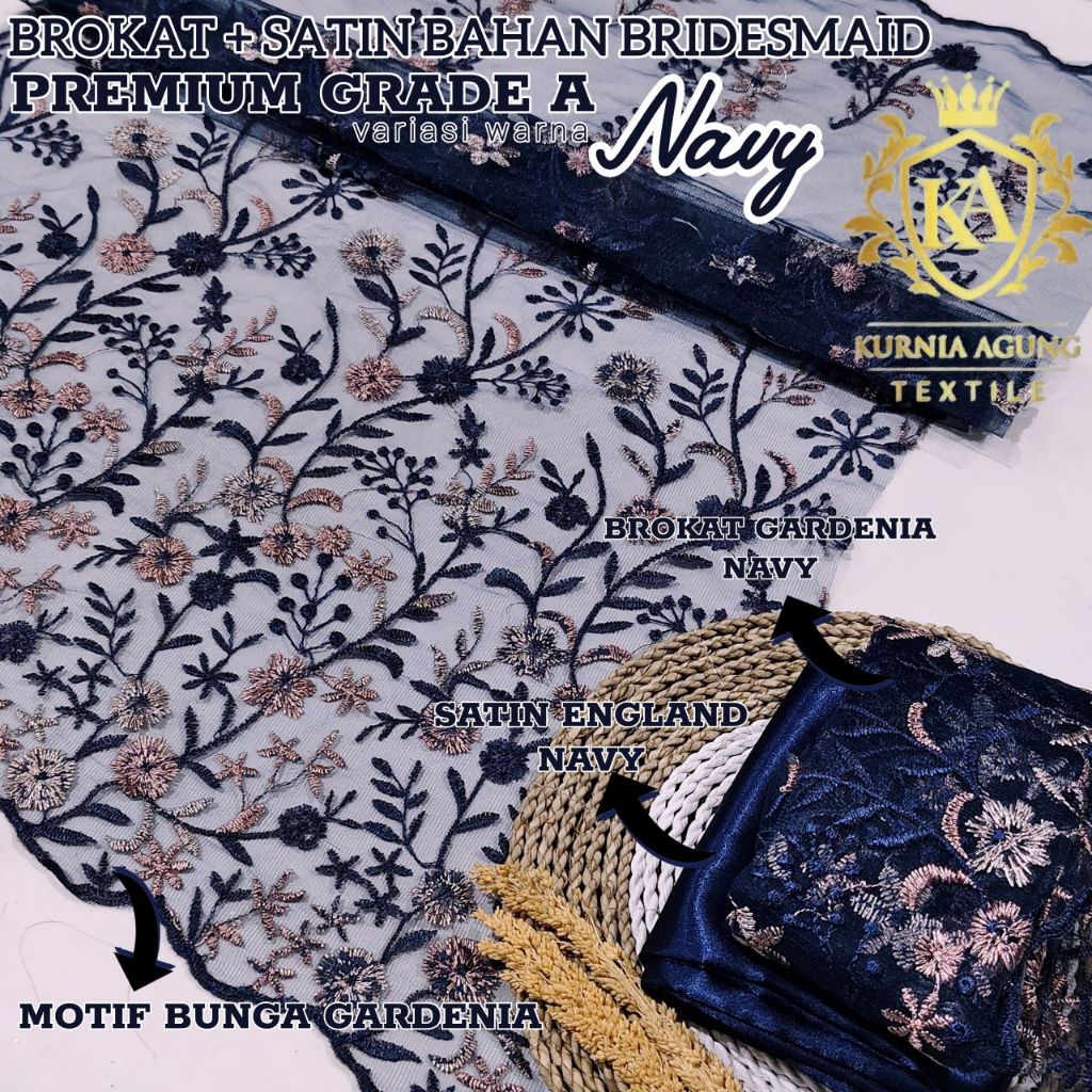 ½ Meter Brokat Bordir Tile Prancis Motif Gardernia Premium Warna NAVY / BIRU DONGKER Tile Valentino 