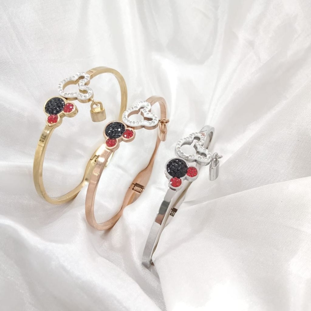 gelang wanita bangle titanium motif kepala Mickey anti karat