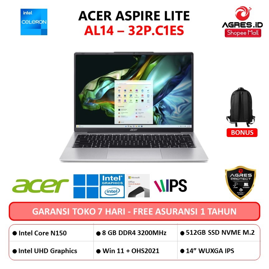 ACER ASPIRE LITE AL14 N150 8GB 512GB W11+OHS+M365B 14.0WUXGA BLU -32P.C1ES