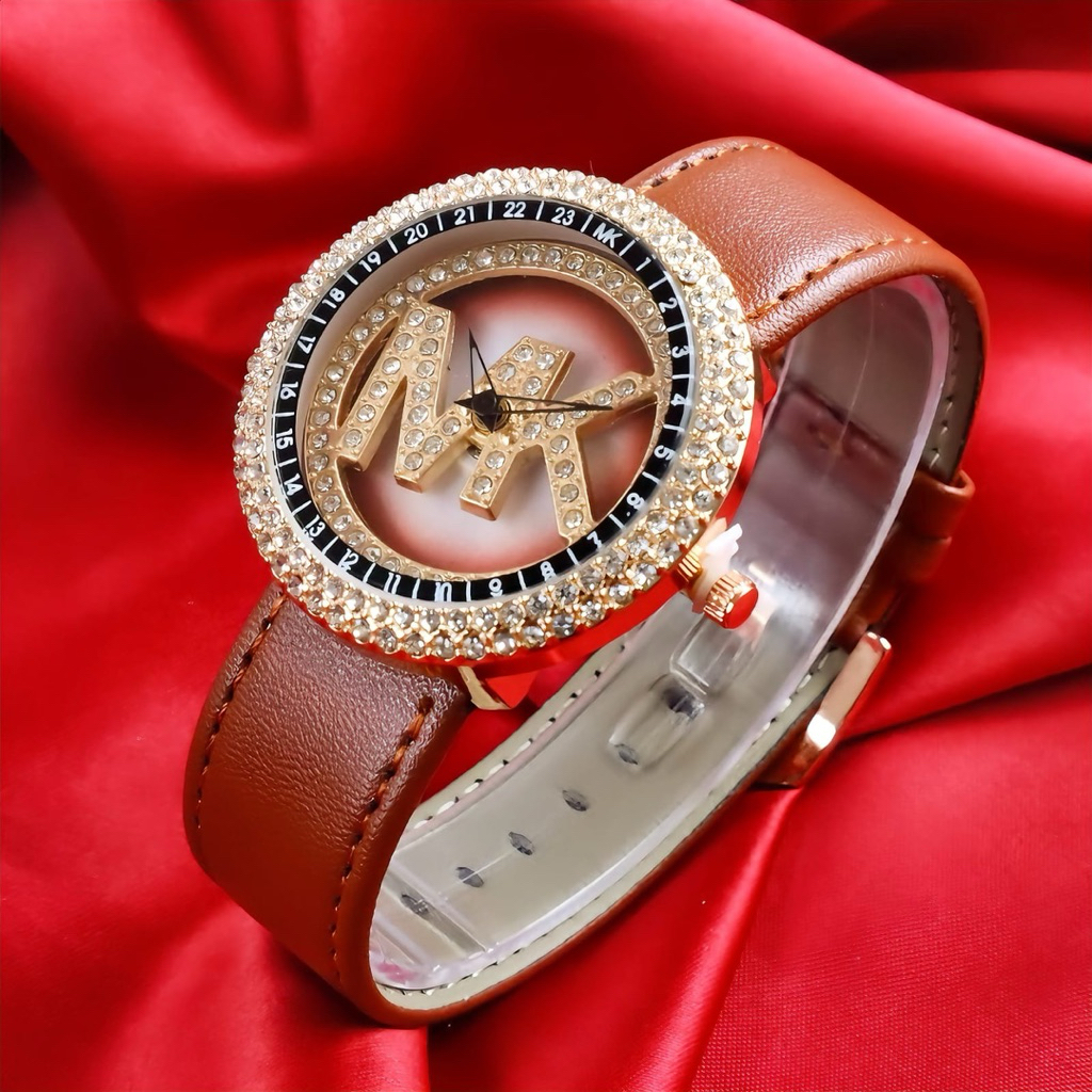PREMIUM MEWAH Jam Tangan Wanita Mk-Spin Tali Kulit Super