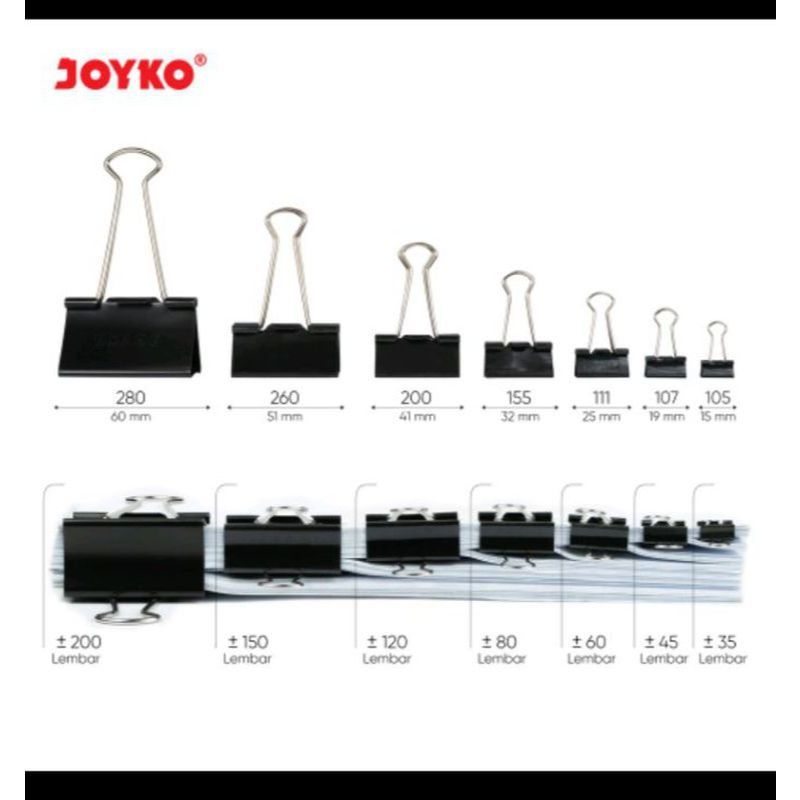 

Binder Clip Klip Penjepit Kertas Joyko Black No. 105 107 111 155 200 260 per Lusin (12 Box) Grosir