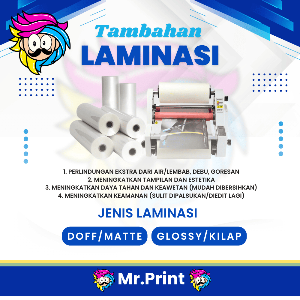 

Tambahan Biaya Laminasi Optional Finishing Biaya Laminasi per 1 lembar Cetak Print A3+ Glossy Mengkilap atau Doff Matte Tidak Mengkilap