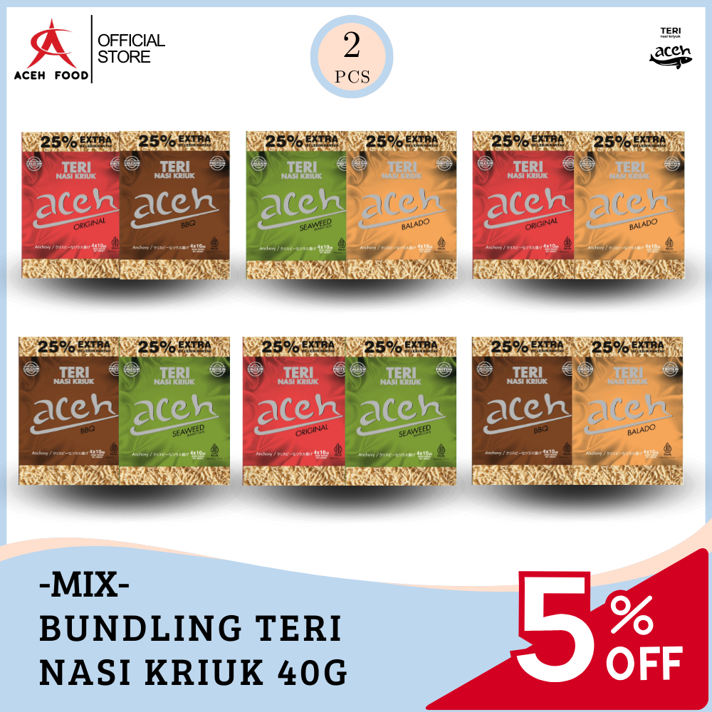 

Bundling Isi 2 Teri Aceh Nasi Kriuk Crispy MIX Kemasan Sachet 40gr x 2pcs - Aceh Food