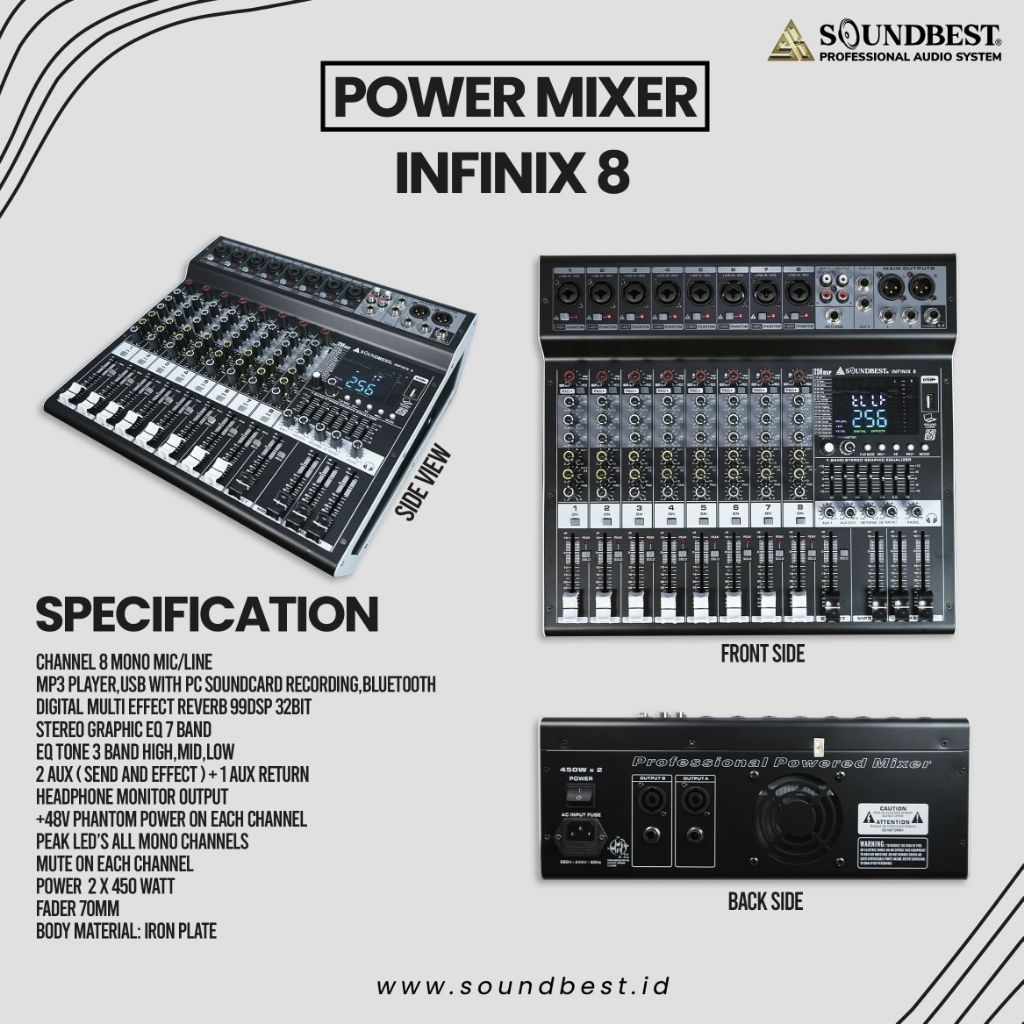 POWER MIXER SOUNDBEST INFINIX 8 PROFESIONAL POWER MIXER 8 CHANNEL MONO MIC/LINE ORIGINAL INFINIX 8