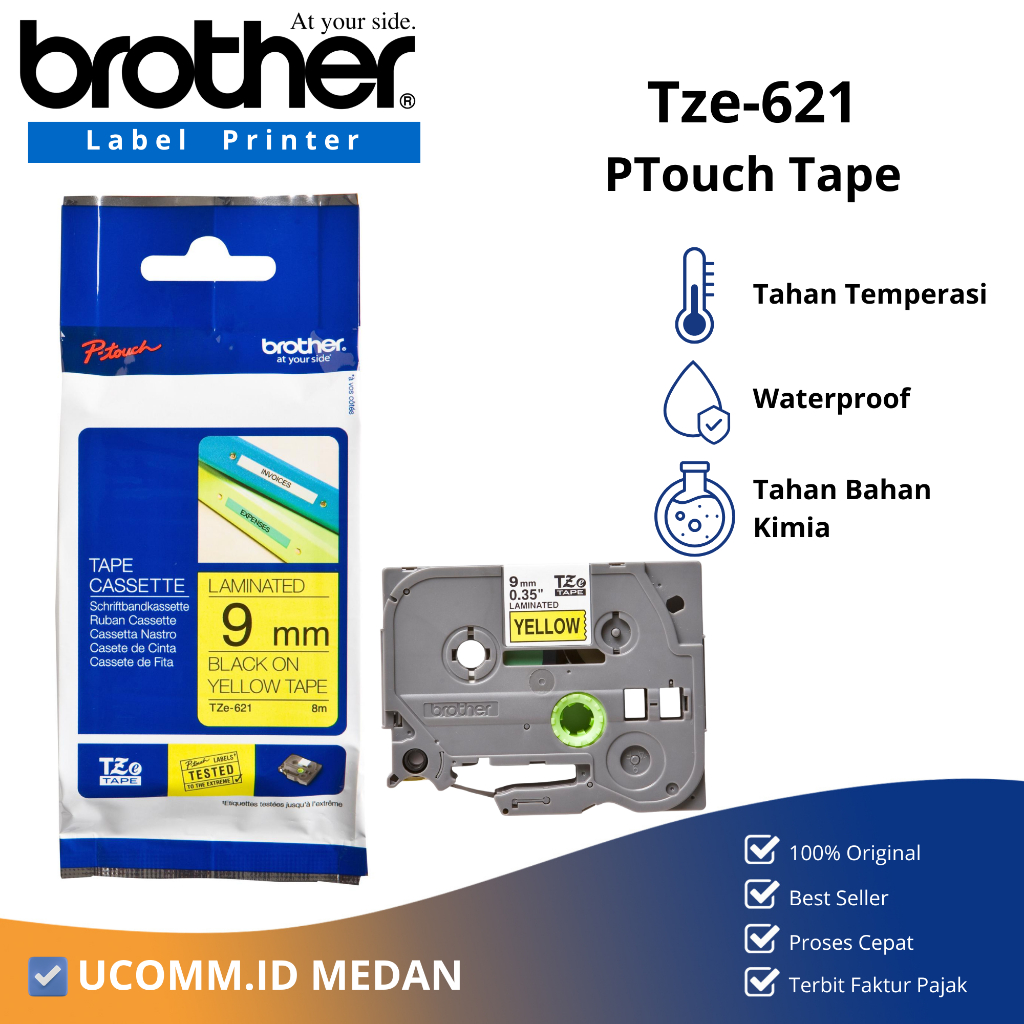 

BROTHER Label Tape TZE-621 Ptouch 9mm x 8m Laminated Black On Yellow TZe621 Original Brother