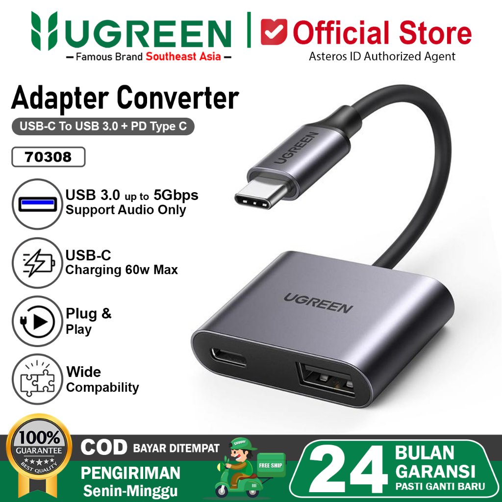 UGREEN OTG Converter Type C to USB A 3.0 + PD Type C 60w 70308