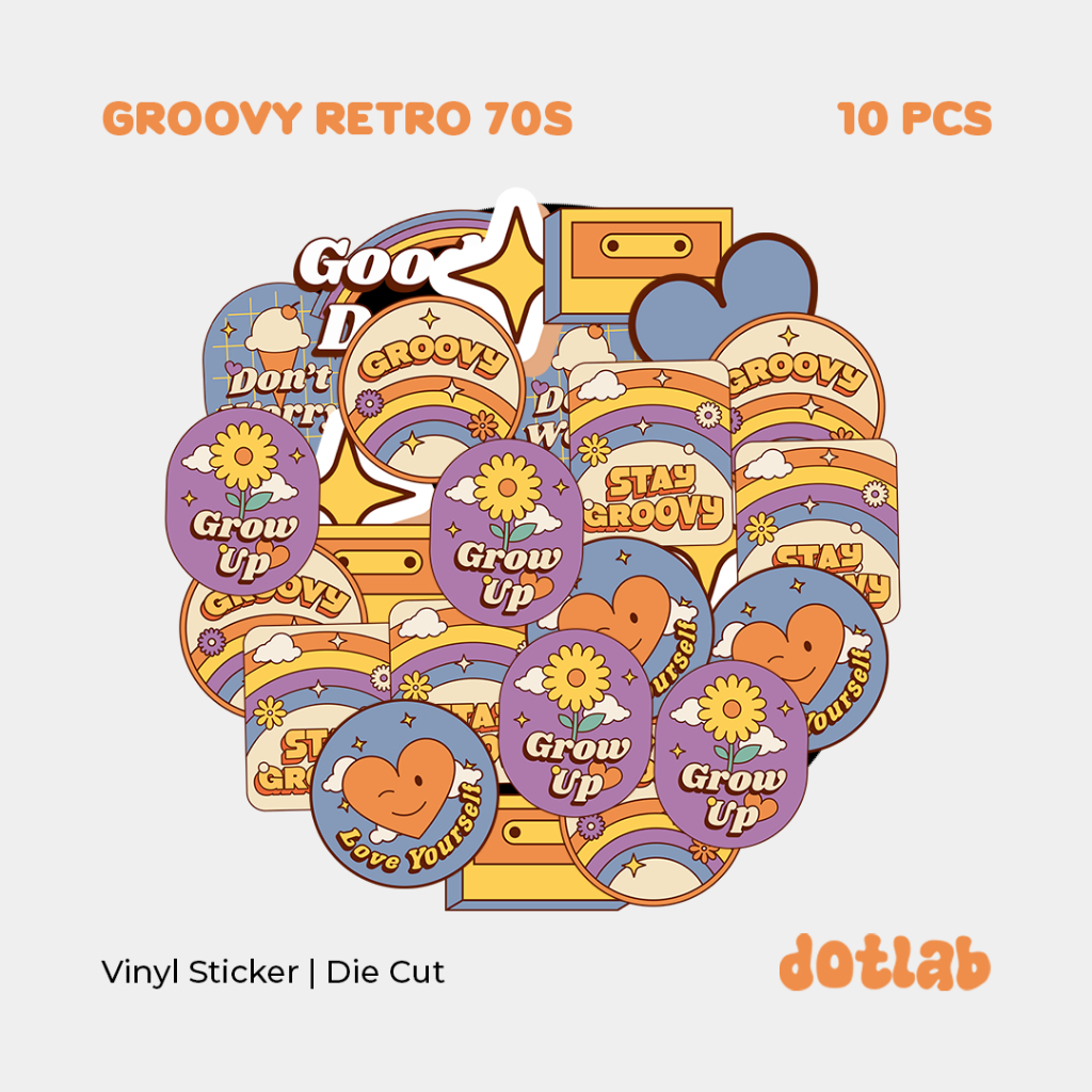 

DOTLAB STICKER PACK Groovy Retro 70s V1 (10 PCS) | Sticker Tumbler | Stiker Laptop Koper Helm