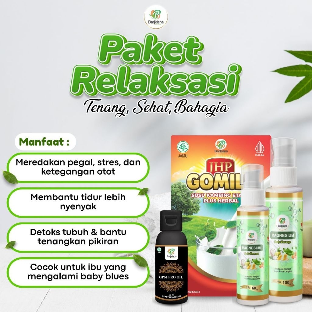 

Paket Relaksasi bariklana Isi Susu Etawa Herbal, Magnesium Spray, dan Minyak pijat Aromaterapi