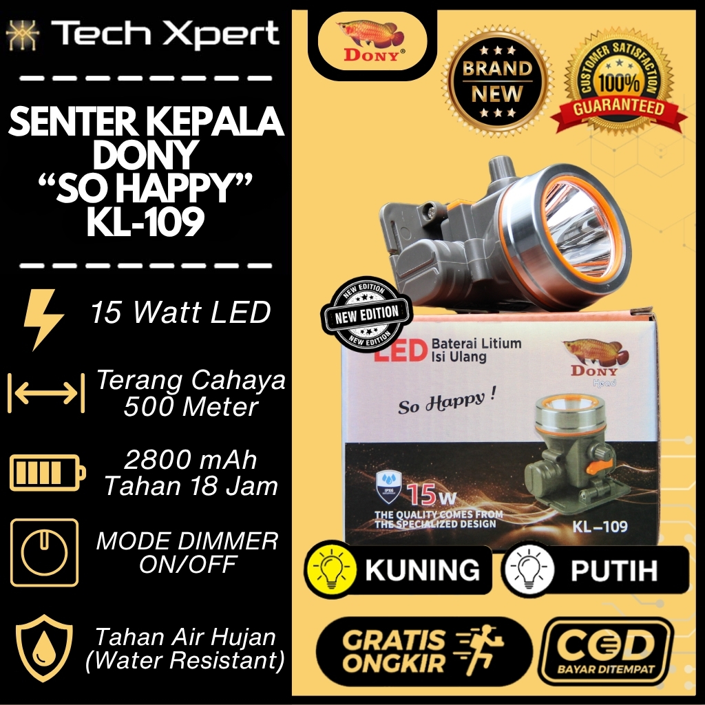 [Baru] Senter Kepala Led Dony 15 Watt Kl-109 "So Happy" Ori Tombol Dimmer Ringan & Kuat Outdoor Mini