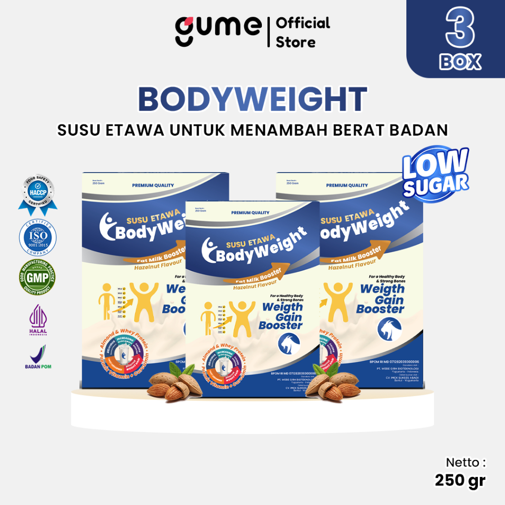 

Susu Kambing Etawa BodyWeight Mengatasi Kurang Nafsu Makan dan Susah Gemuk Kemasan 250gr Paket 3 Box