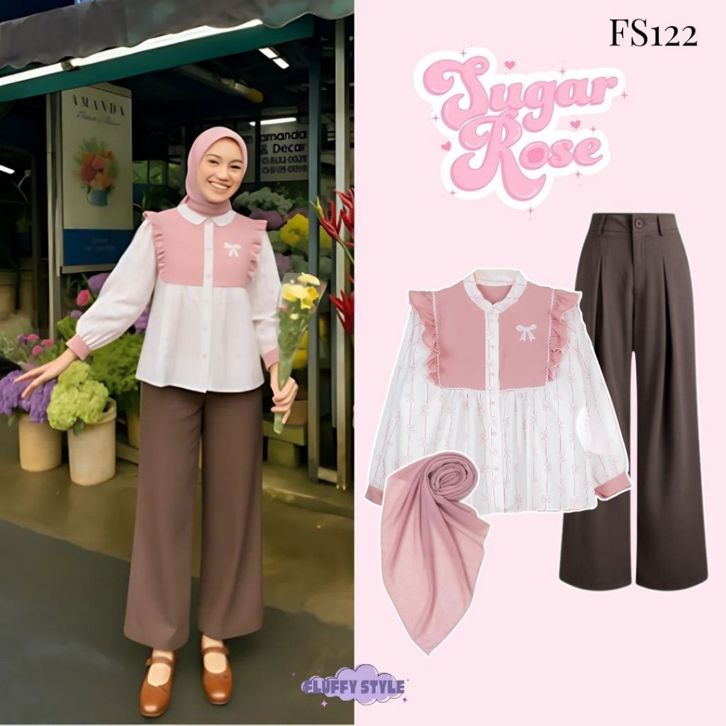 1 set 3in1 OOTD Outfit Remaja Kekinian(Blouse, Celana, Hijab) Yunita Pink Trend Fashion Cantik |FS22