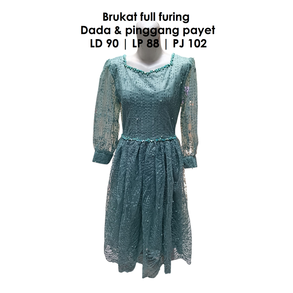 Dress Gaun Pesta Brukat Payet Warna Hijau Sage