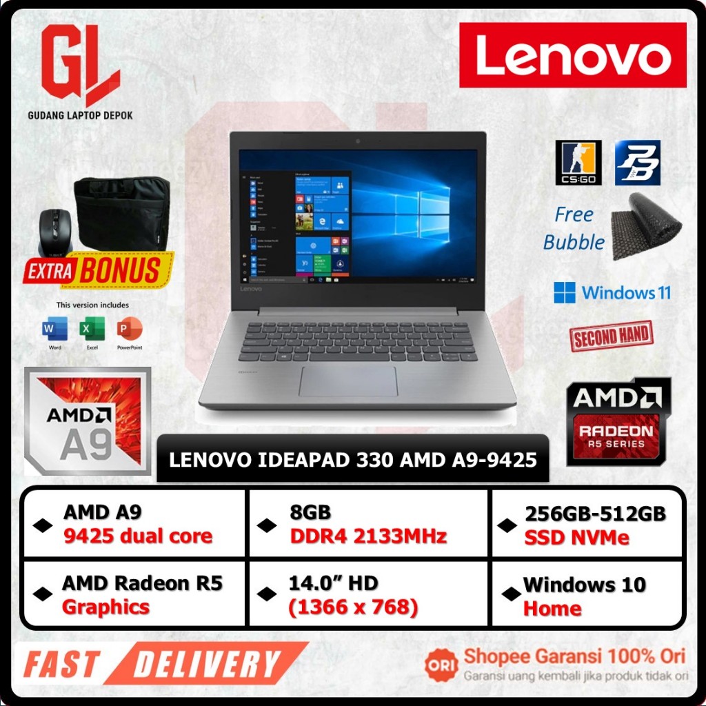 Laptop Murah LENOVO IDEAPAD 330 AMD A9-9425 8GB 256GB 14.0 HD WIN10HOME SECOND