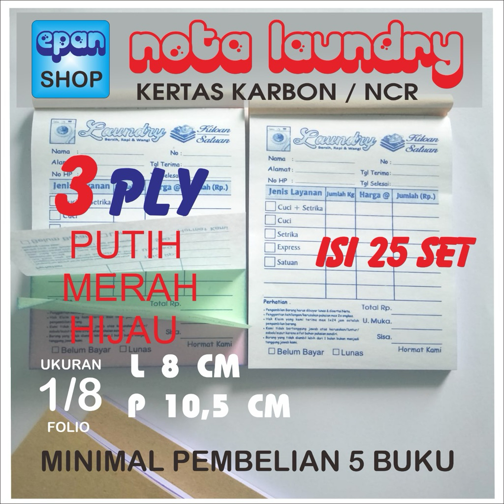 

Nota Laundry 3 ply ukuran mini ( 8 x 10,5 cm ) isi 25 set. Ready Stock