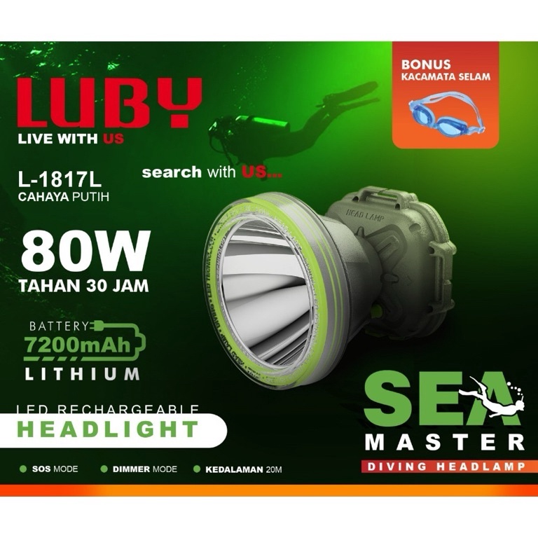 KODE C86J Senter Kepala Selam Luby Super Terang 8W  Luby Diving Head Lamp L1817 1817 Headlamp Cas Ca