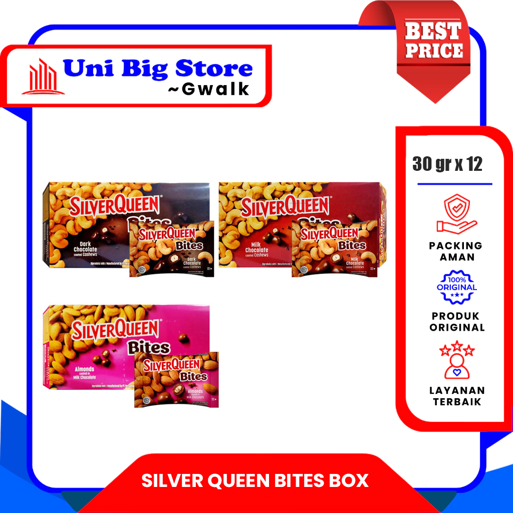 

SILVER QUEEN BITES COKLAT DARK CASHEW ALMOND CHOCOLATE BOX - (30 gr x 12 pcs)