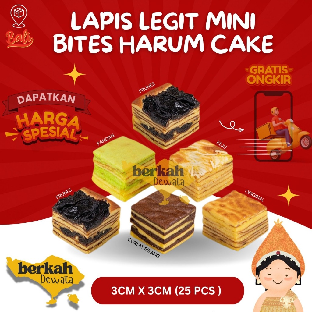 

Lapis Legit Mini Bites Harum Cake Oleh Oleh Khas Bali (3cmx3cm, 25pcs)