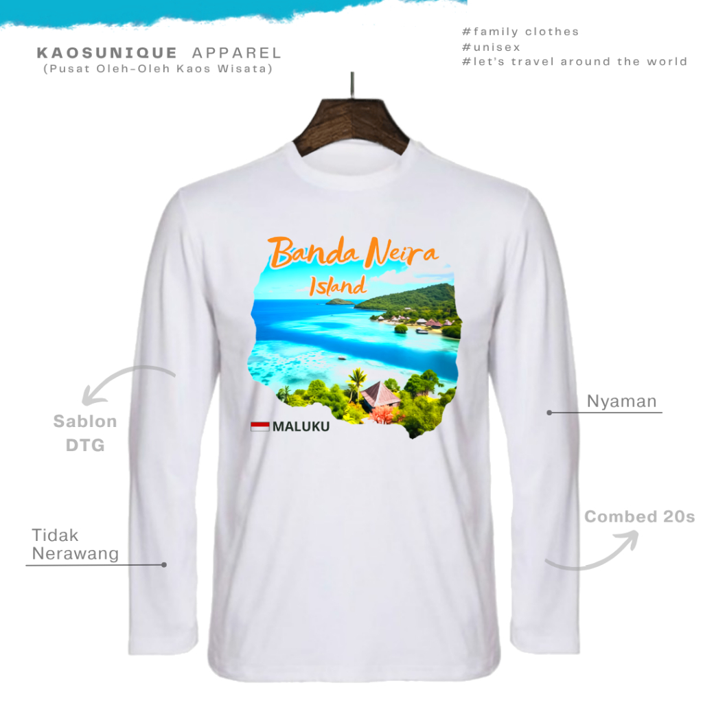 KAOSUNIQUE T-shirt Lengan Panjang Banda Neira Island - Unisex Katun Combed 20s Sablon Printing Kaos 